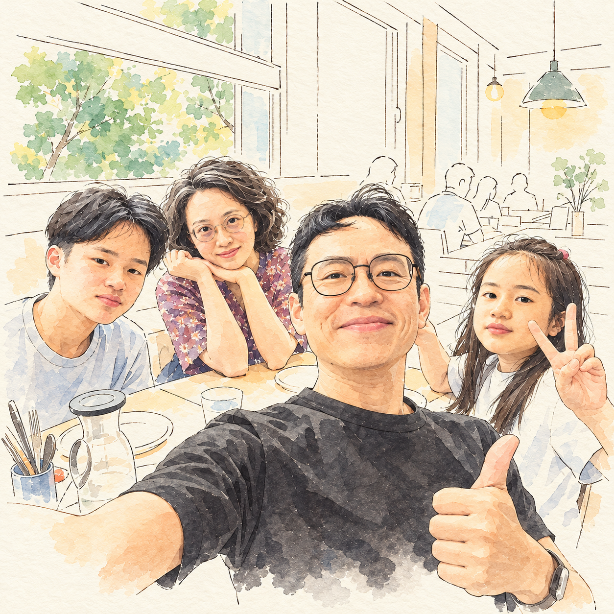 線條風格的全家福：宗翰自拍，太太和兩個孩子在餐廳