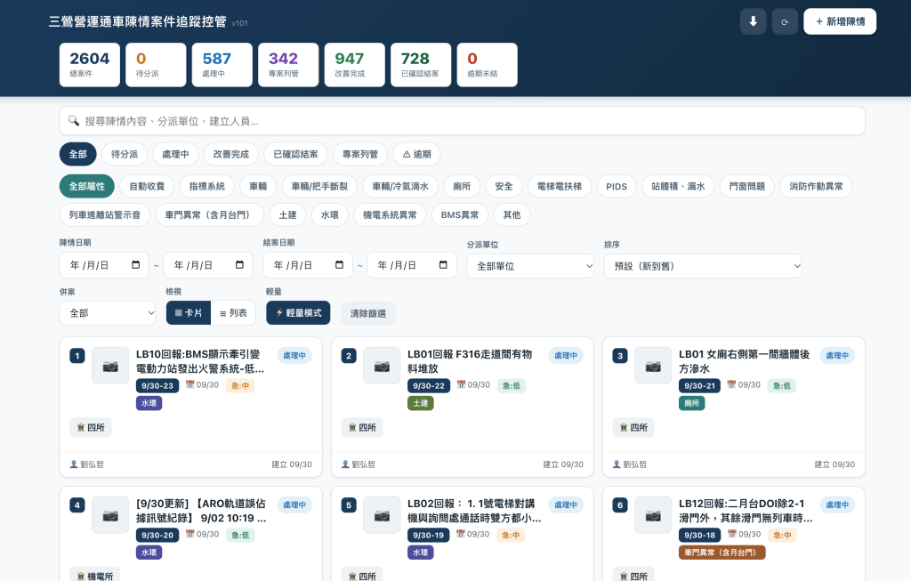 三鶯營運通車陳情案件追蹤控管系統畫面